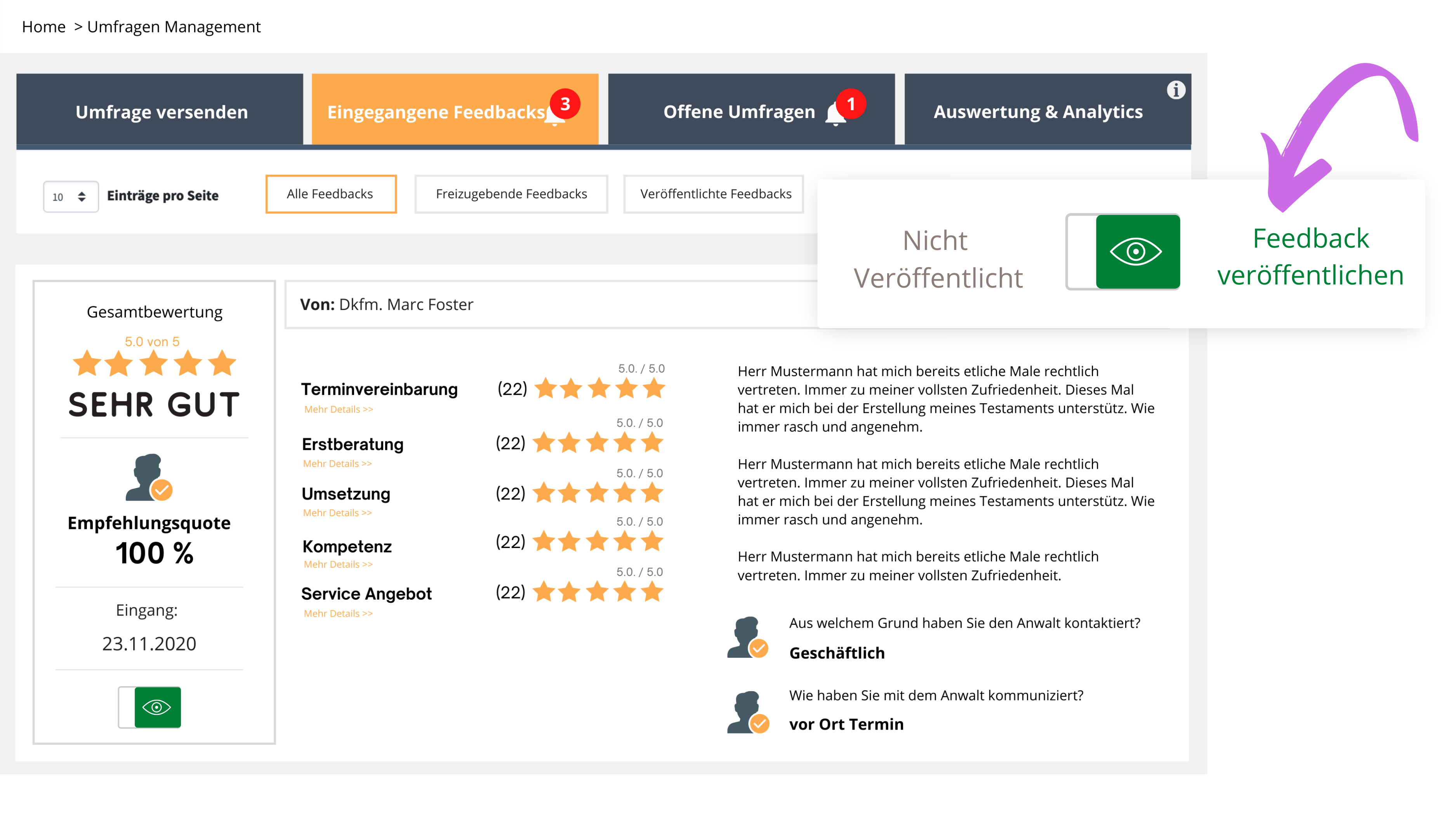 Eingehendes Feedback freischalten (veröffentlichen) oder nur für interne Zwecke nutzen