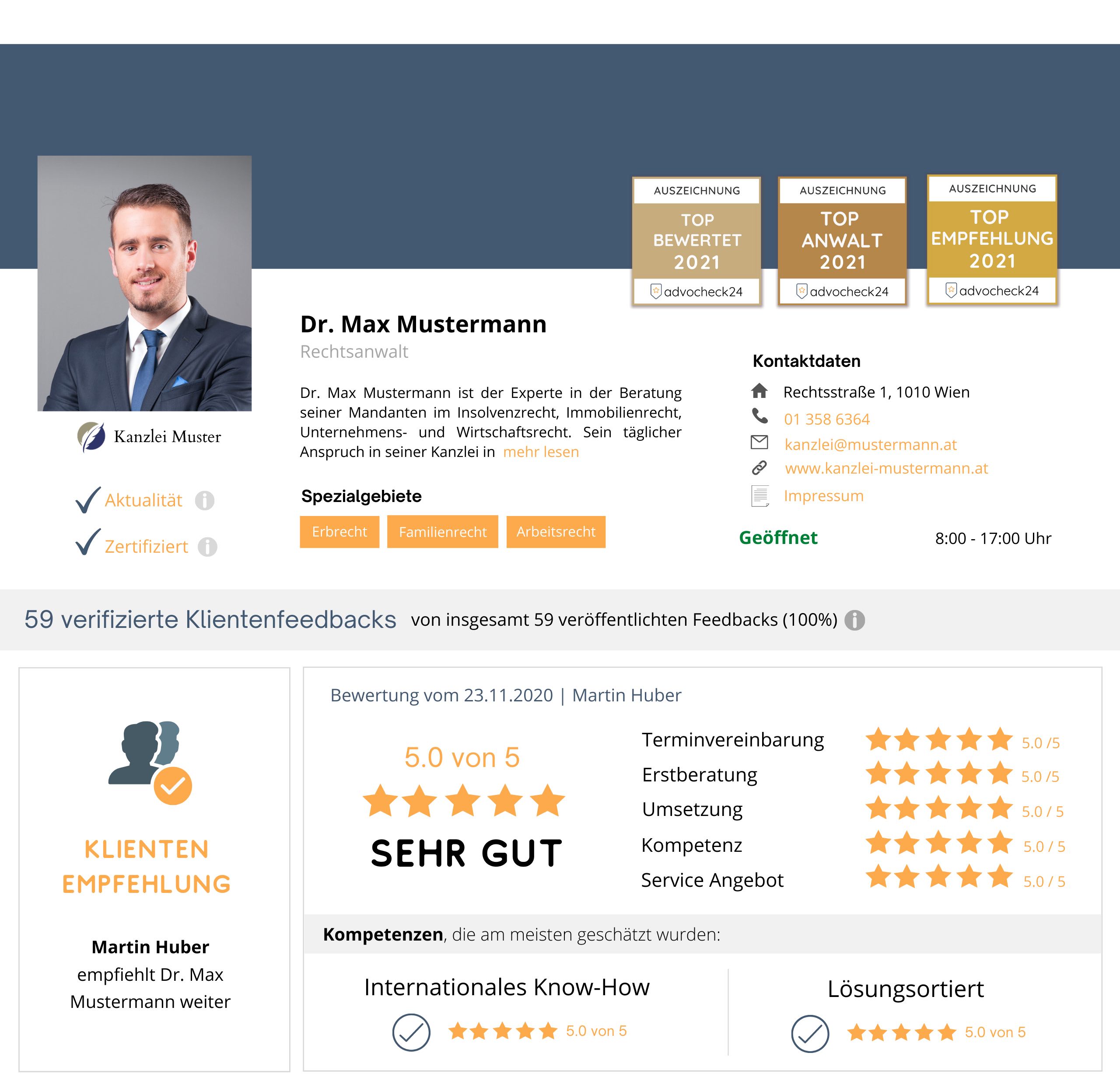 Veröffentlichte Klienten Bewertungen werden in Ihrem persönlichen Anwaltsprofil dargestellt